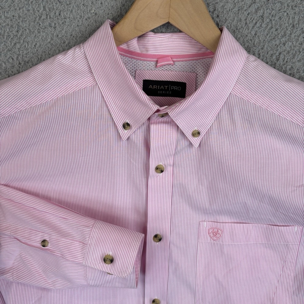 Ariat Pro Series Button Down Striped Pink Shirt Mens L Western Rodeo‎ Dress Work